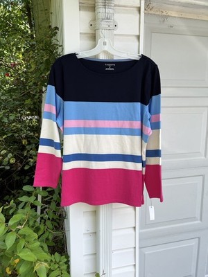 NWT Talbots Pretty Navy Blues Pinks Stripe Ballet Neck 100% Cotton Top 2X