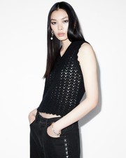 Image of AllSaints Women's Vivian Black Knit Sleeveless Top Scalloped Trim Size S