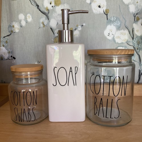 Rae Dunn Ceramic Soap Dispenser, Cotton Ball & Cotton Swab Clear Glass Container