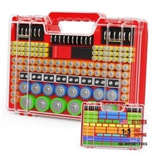 Battery Organizer Storage Holder Box Case with Tester, Stores Protects Red