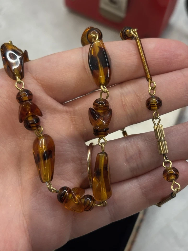 Vintage Art Deco Honey Amber Art Molded Glass Bead Necklace Faux Tortoiseshell - Image 2 of 4
