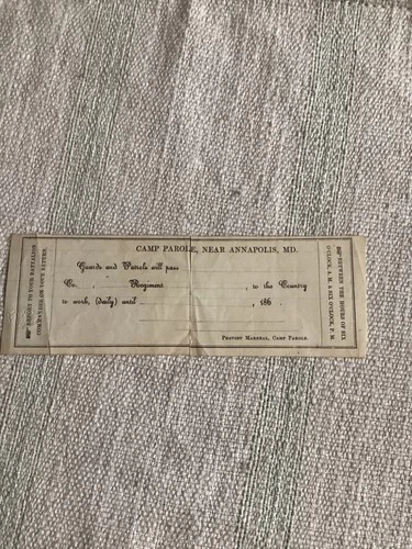 Civil War Camp Parole Annapolis MD Prisoner of War Prison Exchange Document