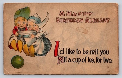 Vintage Birthday Postcard Tea for Two Gnomes Whimsical S 255 USA
