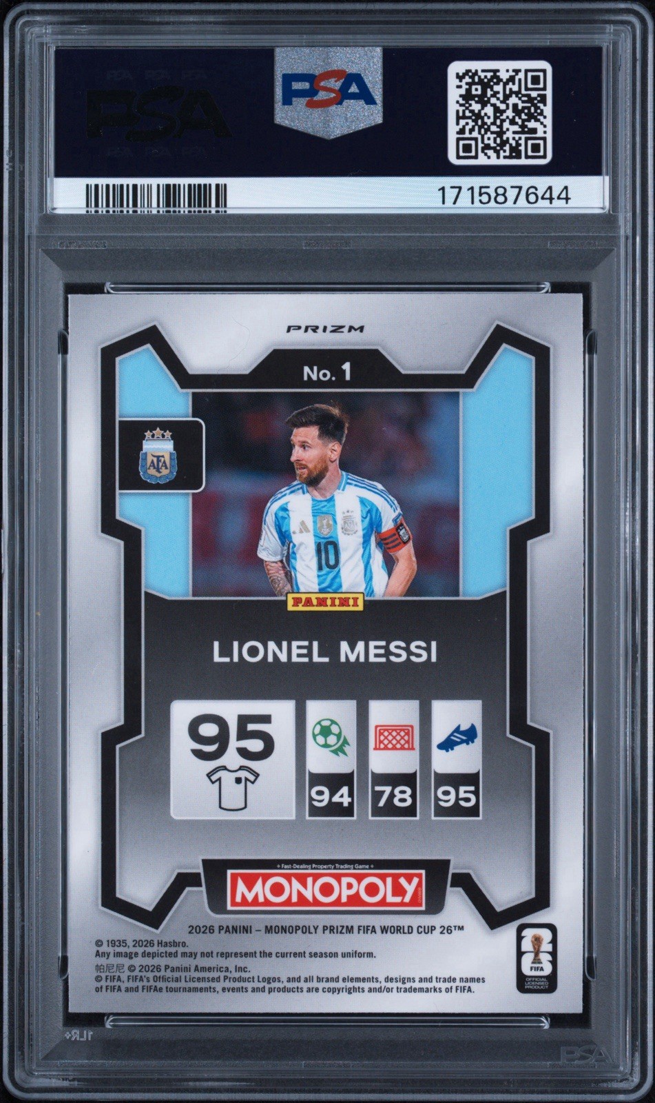 2026 Prizm Monopoly World Cup #1 Lionel Messi Nebula PSA 10 Argentina view 2