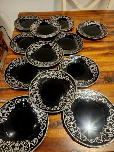 DEPRESSION ERA BLACK AMETHYST STERLING SILVER OVERLAY 7.5 INCH PLATES SET OF 12