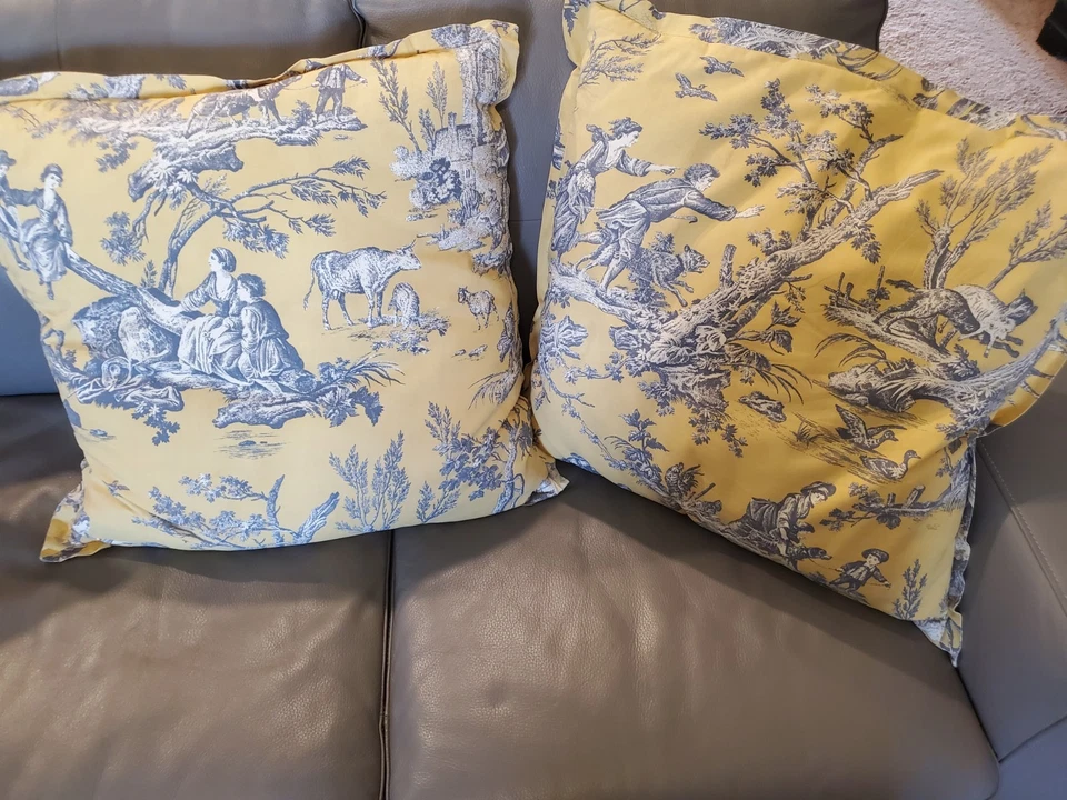 2 Vintage Toile French Country Life Accent Pillows Square Yellow Blue 20" x 20" - Image 2 of 4