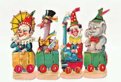 Oblate Scrap die cut Glanzbilder cElefant Gans Clown Eisenbahn Reise selten 11cm