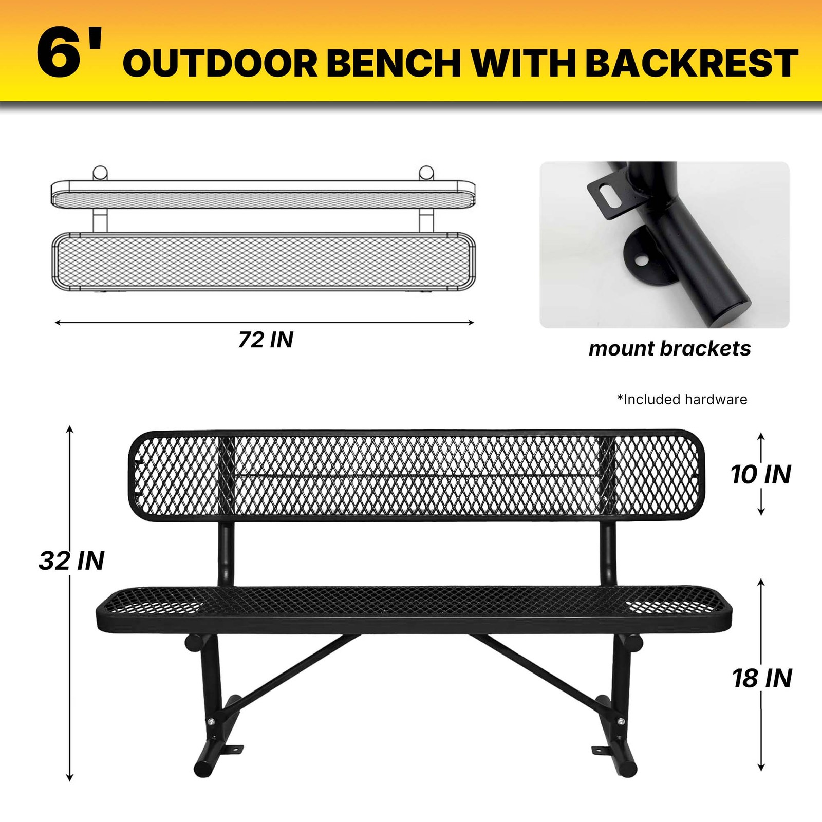 LAUCO Heavy Duty Steel Outdoor Picnic Bench, Black Powder Coated, 72-Inch Black