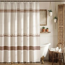 Boho Farmhouse Shower Curtain with 12 Clear Rings, Rustic Fabric Faux Linen