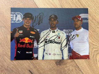 Formula 1 Photo Hand Signed by Lewis Hamilton & Max Verstappen