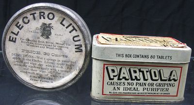 Lot of 2 Vintage 1930's Tins~Partola Laxative & Electro Litum Cedar Valley, OH