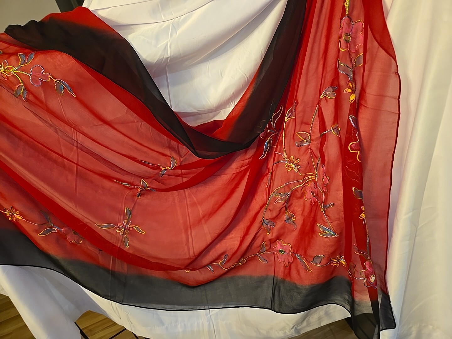 Stunning Vibrant Rectangular Sheer Red Black Flor… - image 1