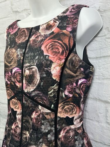 Oasis A-Linie Kleid Größe 12 schwarz pink & braun Blumen Rose ärmellos V-Rücken Reißverschluss - Bild 4 von 11