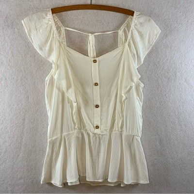 MOA MOA Womens Open Back Top Sz L White Peplum Ruffle Cottagecore Peasant Boho