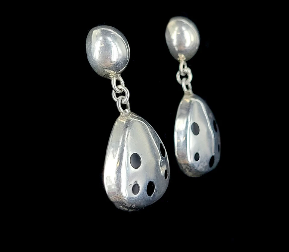 Argento D'Epoca Intarsio Onice Nera Gonfio Medio Secolo Post Retro Orecchini - Immagine 3 di 4