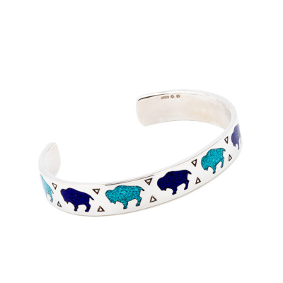 Indianerschmuck Armreif Bär Bison Büffel Türkis Lapis Chip Inlay Westernschmuck