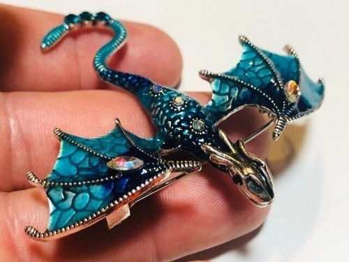 Beautiful Shimmering Blue Crystal & Enamel Dragon Brooch / Necklace Pendant - Picture 4 of 13