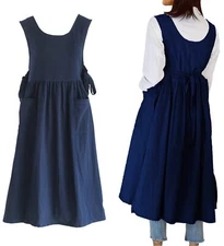 Women Plus Size Cotton Linen Vintage Pleated Split Apron Pinafore Dress with ...