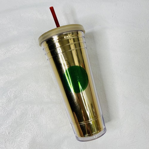 Starbucks Cold Cup Gold Foil Green Dot Holiday Logo Venti 24oz w Lid and Straw - Imagen 2 de 9