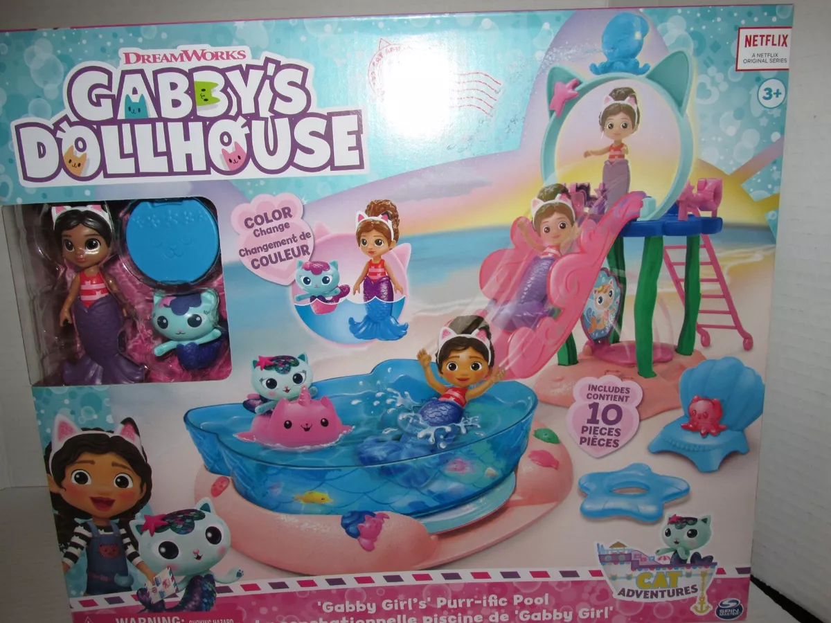 Gabby's Dollhouse, Purr-ific Pool Playset with Gabby and MerCat Figures,  Color-Changing Mermaid Tails and Pool Accessories