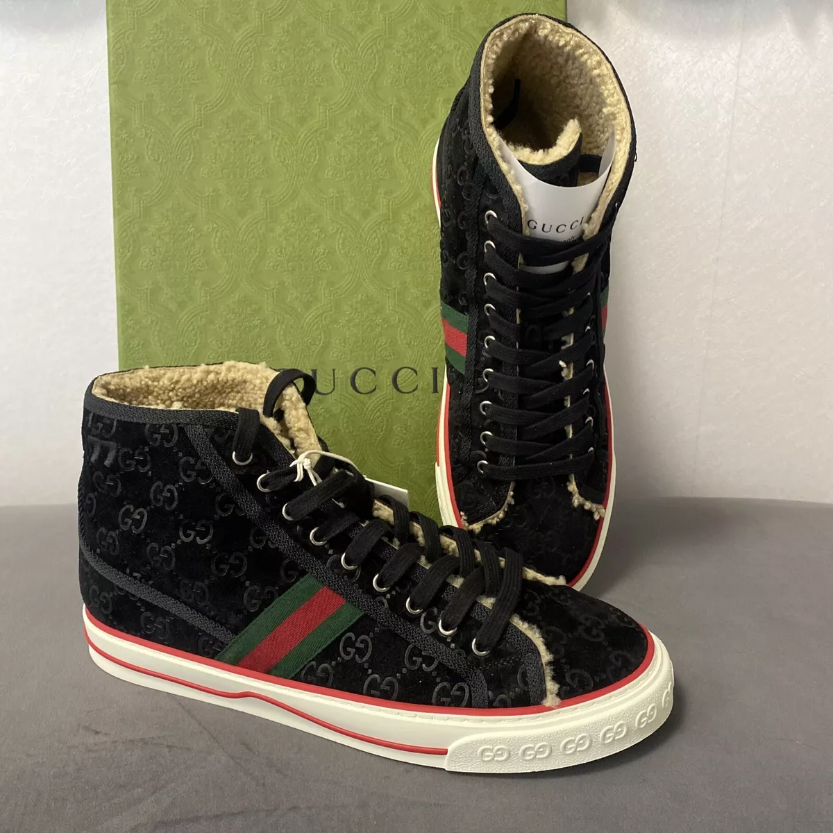New Mens Gucci 1977 Shearling Lined GG High Top Black Sneakers G7.5. 895