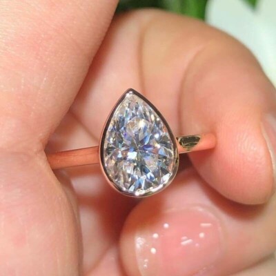 14k Yellow Gold Plated 3.12CTW Pear Cut Moissanite Bezel Engagement Ring