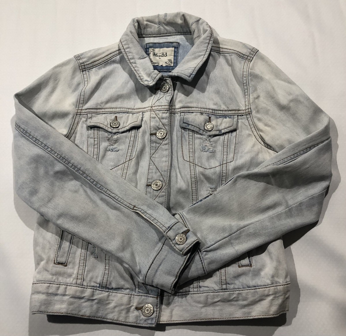 Mudd Distressed Jean Jacket Size M Long Sleeve Blue Denim #73277 Light Wash