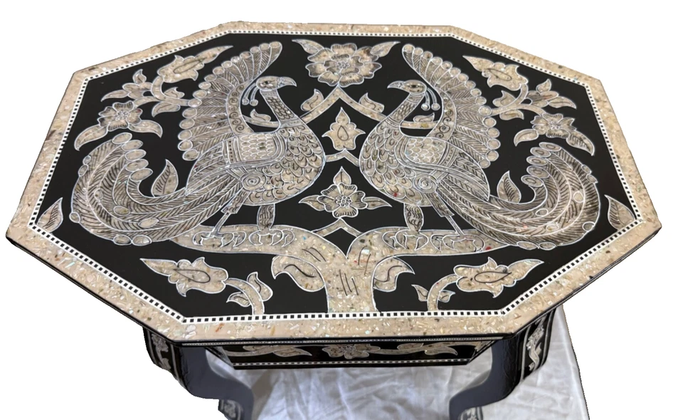 Handmade Wooden End Table Carving Wood Table Home Decor Mother of Pearl Inlay - Image 2 of 4