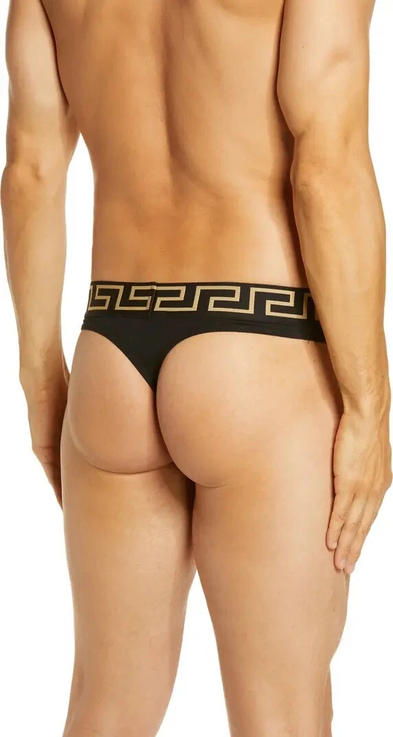 NIB Versace Mens Greca Border Thong Brief underwear Black Size 7 X