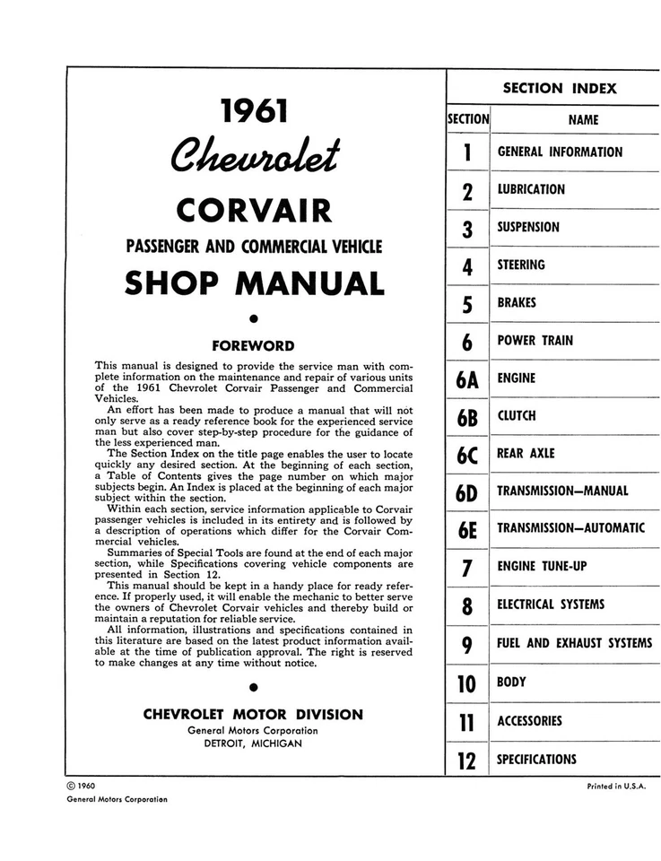1961 Chevy Corvair & Corvair 95 manual de loja - Imagem 2 de 3