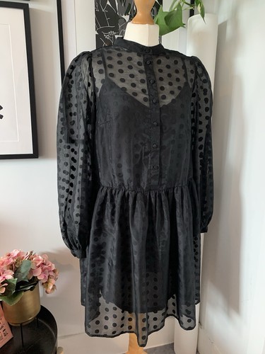 BNWT H&M Black sheer polkadot spotty loose babydoll oversized skater dress - Picture 4 of 10