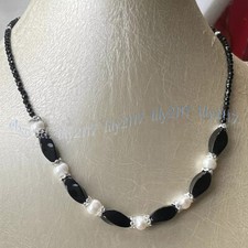 3mm Faceted Black Spinel 7-8mm White Pearl Black Agate Twist Gems Beads Necklace