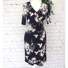 Navy Blue Floral Knee Length Wrap Dress V-Neck Half Sleeve Size S/M