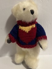 VTG. HugFun White Teddy Bear Plush Stuffed Animal Wearing Red  Blue Sweater 8"
