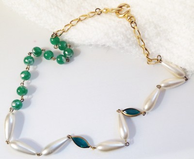 Collier Vintage Perles De Verre Vertes Et Or - Ancien, Original, Bijou Rétro Parfait
