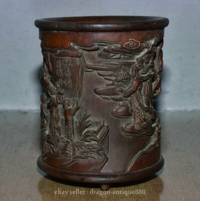 6.8'' Old Chinese huang hua li wood Carved story character Brush Pot Pencil Vase