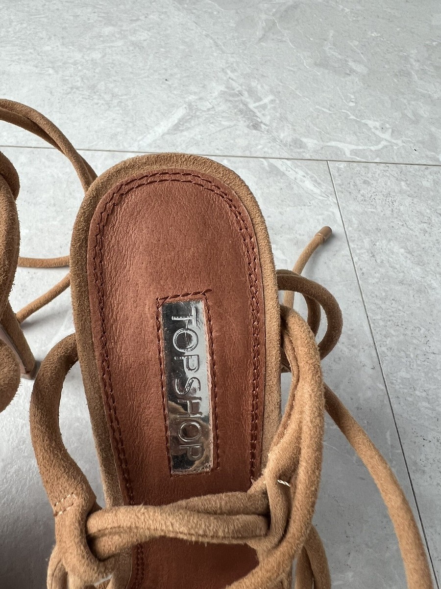 TOPSHOP Rebel taupe Suede strappy high heels sandals ankle wrap