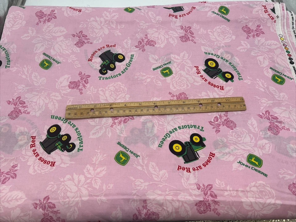 New John Deere Cotton Fabric Pink Roses Red Tractor Green Yardage Girl Quilt BTY - Image 2 of 4