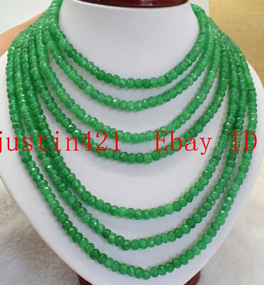 7 Rows Faceted Green Jade Rondelle Bead Necklace - 17-23" Adjustable, Silver Plated
