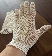Vintage Handmade Lace Patterned Stretch Short White Gloves Fits Most All Sizes