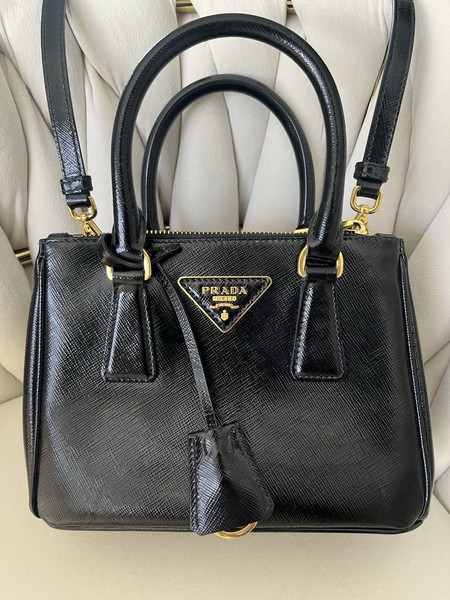 PRADA Authentic Black Leather Small Satchel Top Handle, Strap, Gold Zip