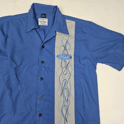 David Carey Shirt Mens Large Ford Shop Garage Mechanic Pinstripe Flame Blue Gray