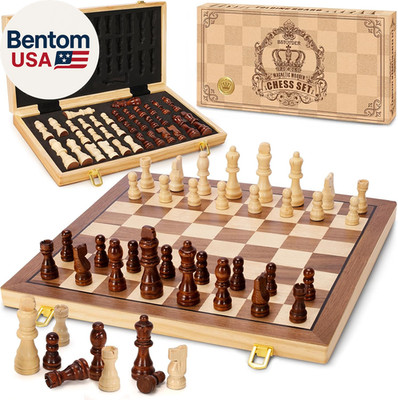 Magnetic Wooden Chess Set for Adults Kids, 15'' Folding Chess Boards with 2 Extra