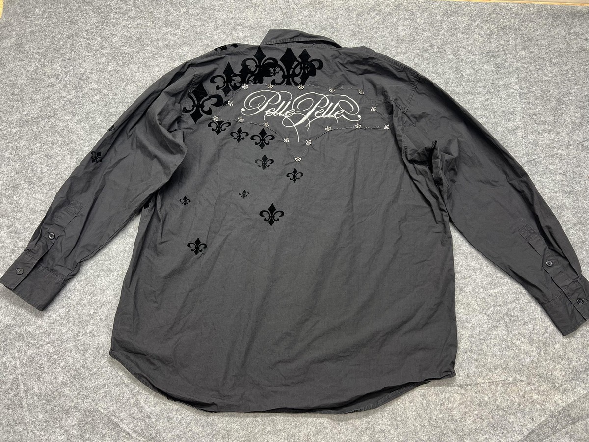 Pelle Pelle Shirt Mens 3XL Black Button Down Long Sleeve Flocked Fleur De Lis View 5