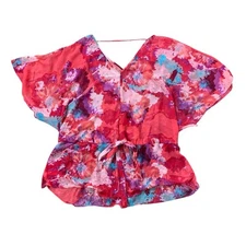 ANA Womans Semi Sheer Floral Tropical Blouse Size 3X Drawstring Waist 