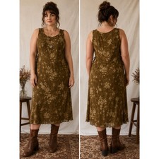 Vintage Saint Tropez Floral Midi Dress Olive Brown Side Tie Cottagecore Size 12