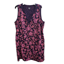 Lands End Shift Dress 2X Sleeveless V-Neck Pockets Pink Purlple Floral Cotton
