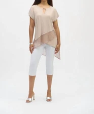 Joseph Ribkoff Asymmetrical Foiled Mesh Top Parchment/silver
