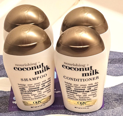 4 OGX Nourishing Hair 2 Coconut Milk Cream Conditioner & 2 Shampoo Travel Size..