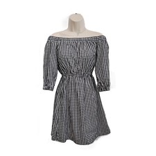 Divided H&M Gingham off Shoulder Mini Dress Womens Sz 4 Blank White 3/4 Sleeve